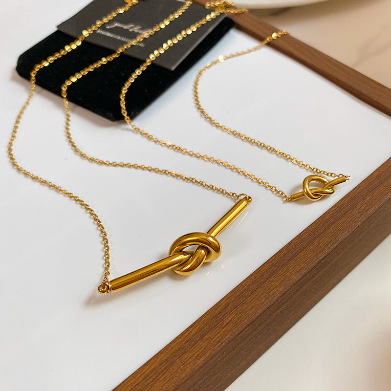 Minimalist Layered Titanium Steel Knot Pendant Necklace with Cable Chain for Unisex