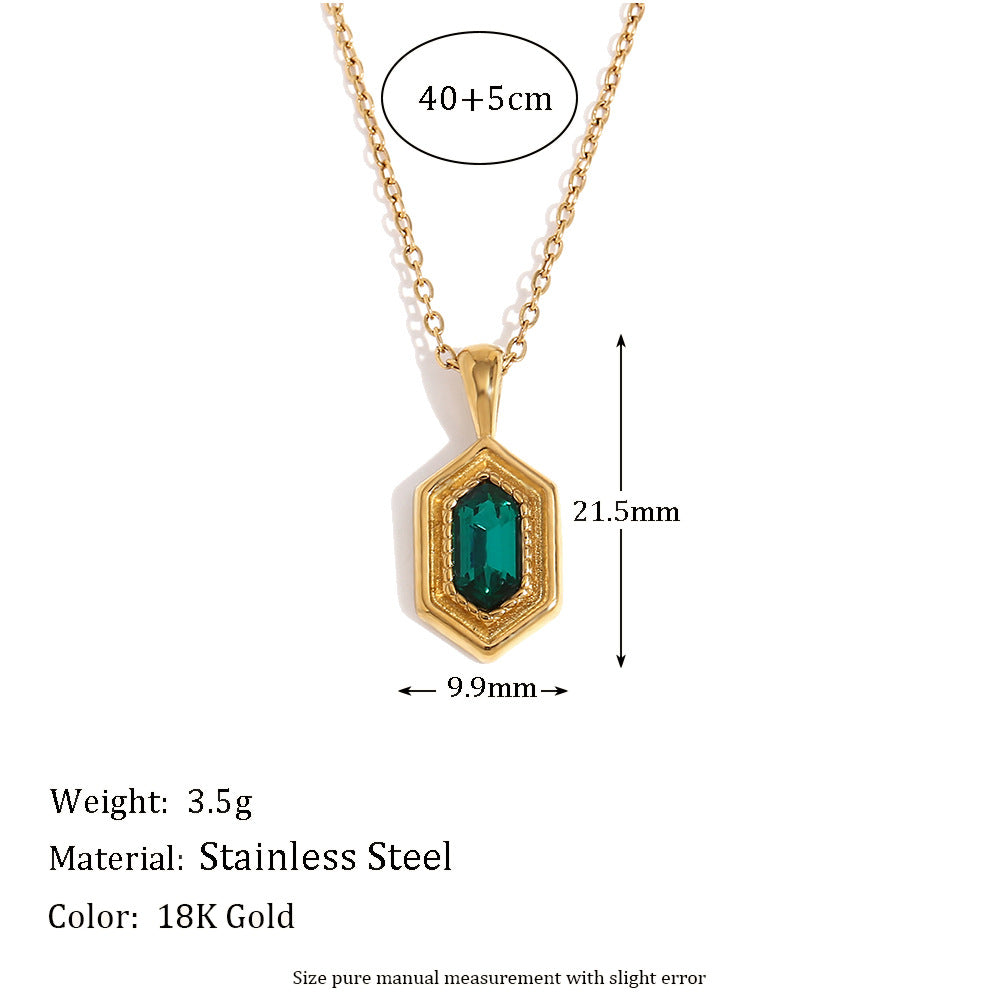 Minimalist Hexagonal Green Rhinestone Pendant Necklace for Women in Stainless Steel with 18K Gold Plating