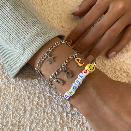 Minimalist Star Geometric Letter Tassel Charm Stretch Bracelet for Women with Heart and Bear Accents