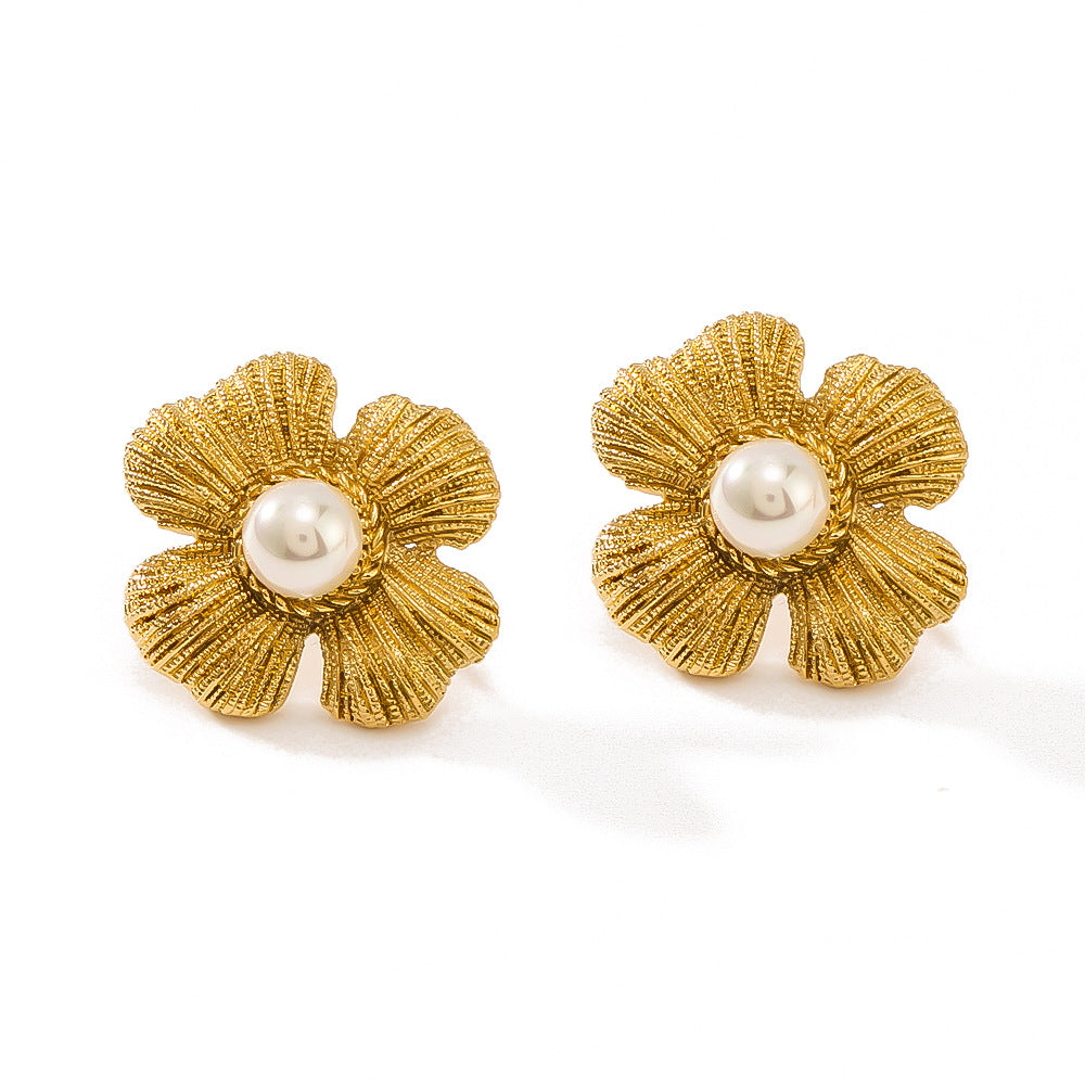 Vintage Minimalist Asymmetrical Flower-Shaped Earrings in Stainless Steel with Pearl Inlay and 18K Gold Plating