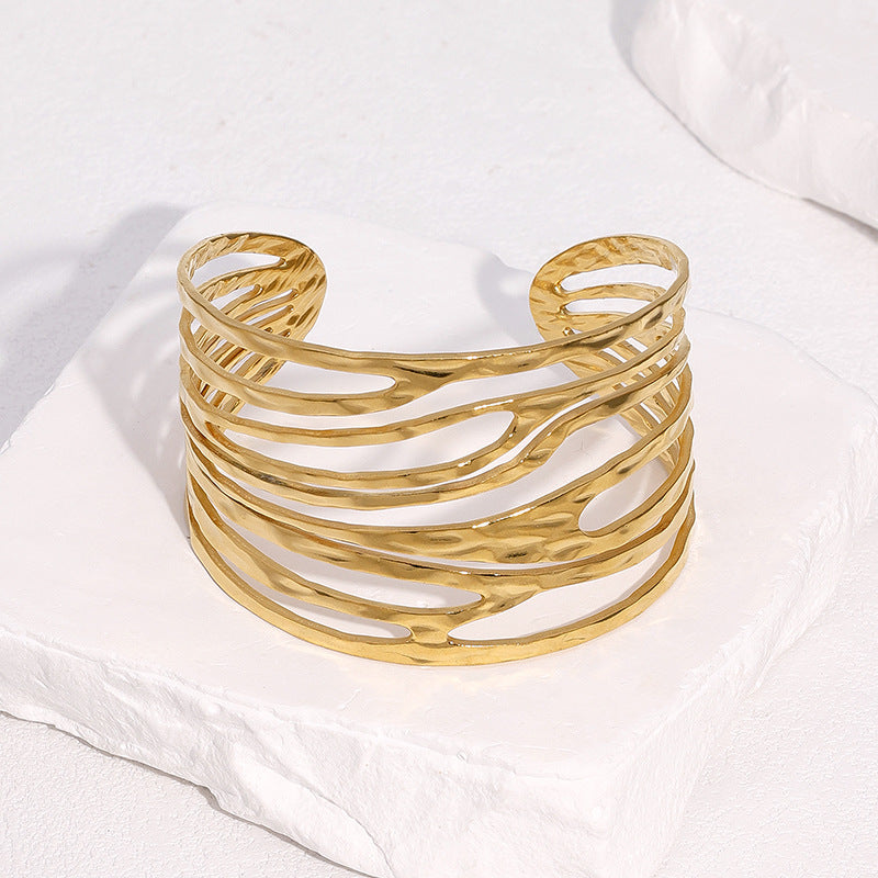 Minimalist Irregular Wide Stainless Steel Bracelet with Plated Finish for Women and Men