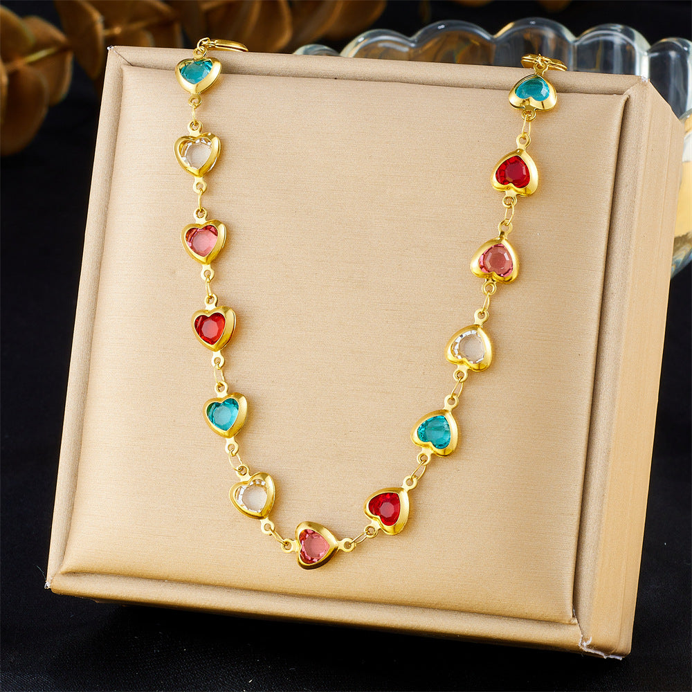Sweet Minimalist Heart-Shaped Rhinestone Pendant Necklace in Stainless Steel with Plated Finish