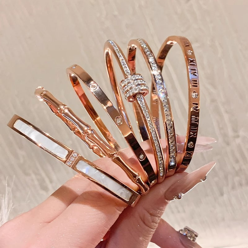Rose Gold Plated Titanium Steel Zircon Geometric Waist-Shaped Bracelet for Women Luxury Minimalist Hand Jewelry