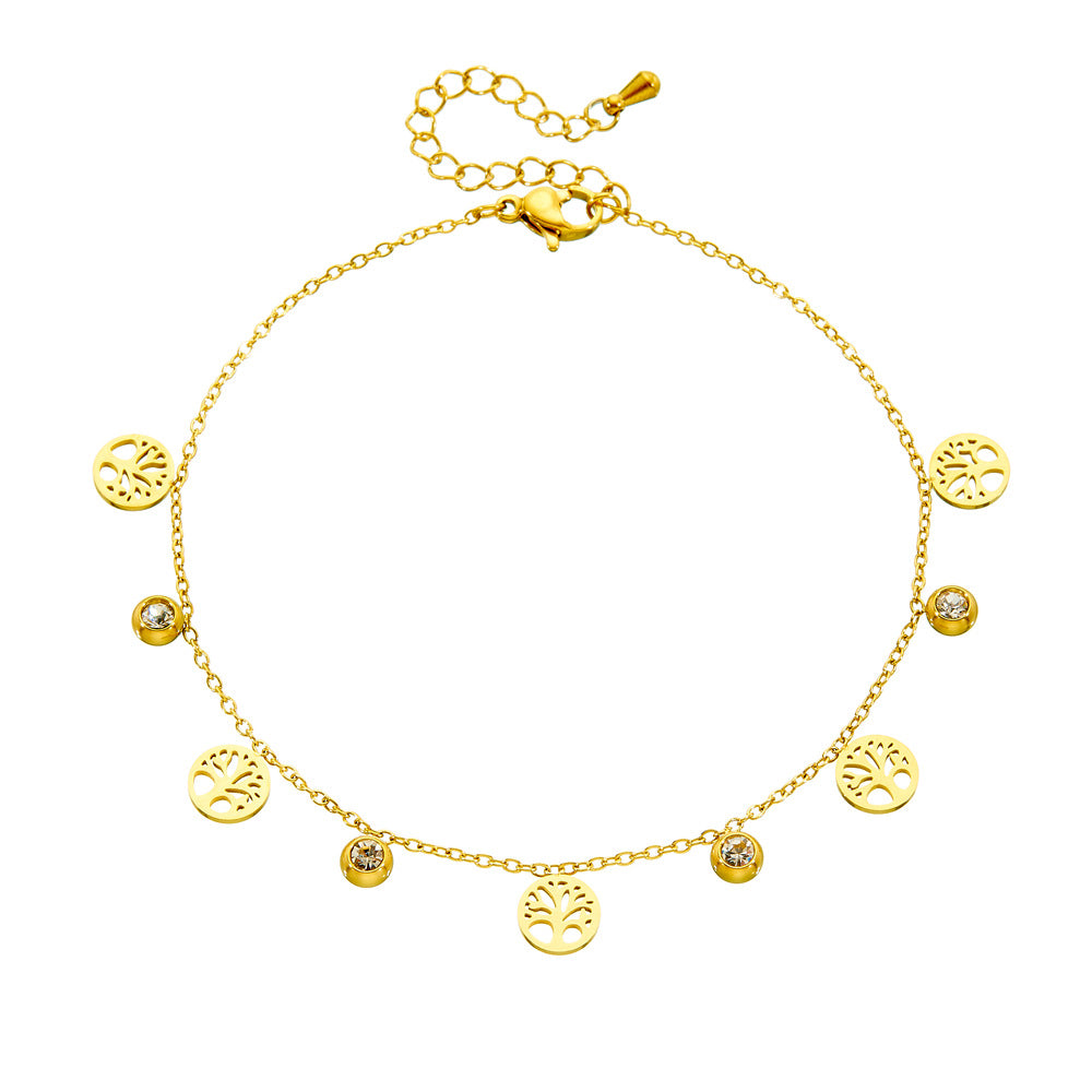 Casual Rhinestone Inlaid Round Cross Tree of Life Hollow Stainless Steel Anklet for Women
