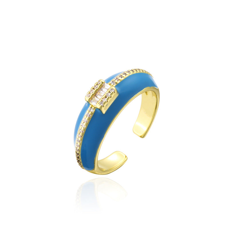 Geometric Micro-inlay Cubic Zirconia Brass Drip Oil Plated 18K Gold Open Ring for Women