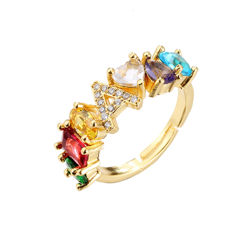 Hand-Set Cubic Zirconia Letter Open Ring Gold Plated Brass Adjustable Women