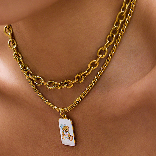 Collar minimalista geométrico chapado en acero titanio para mujer con colgante de oso, cadena de clavícula de acero inoxidable hipoalergénico