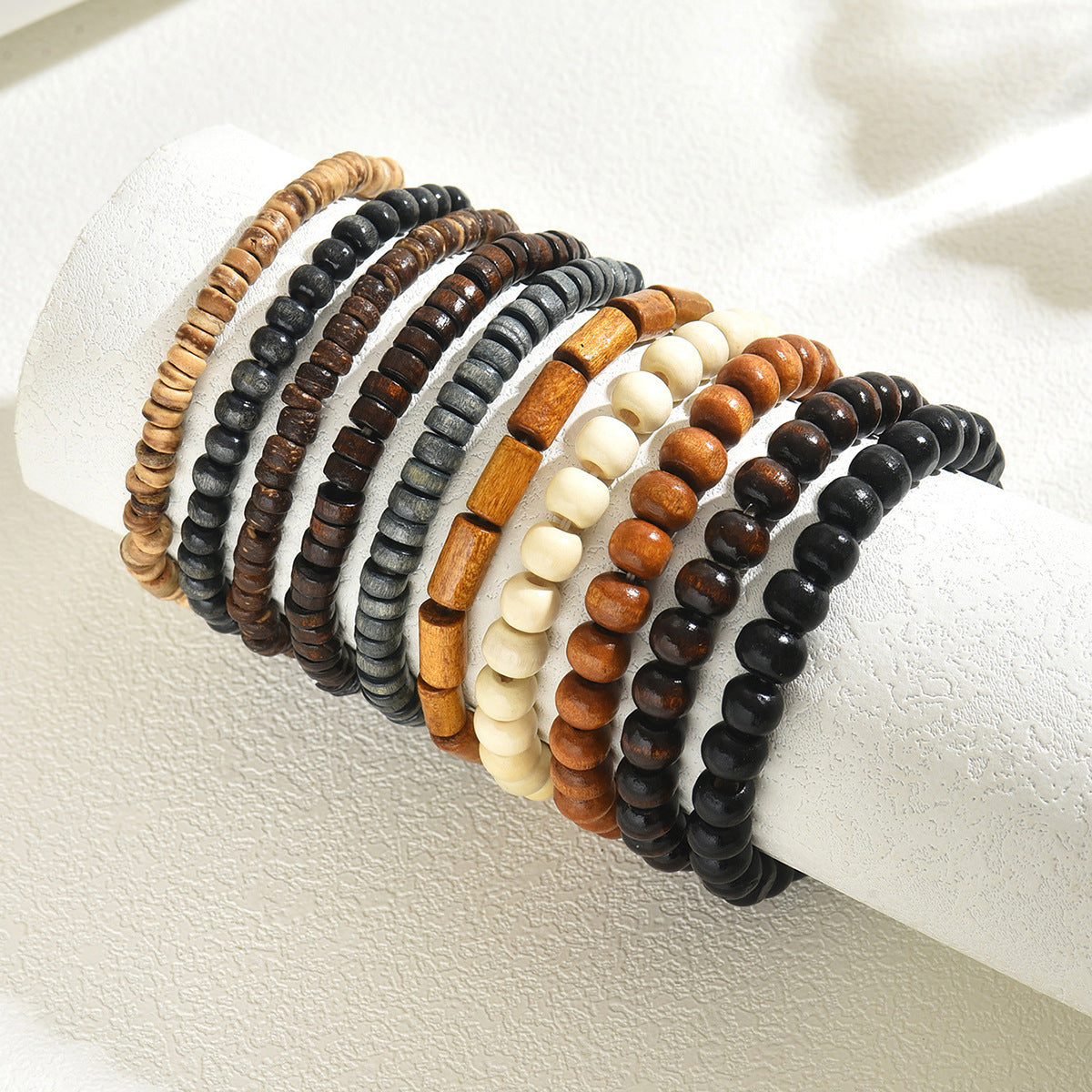 Minimalist Geometric Wooden Beaded Bracelet Set for Women Handmade Multi-Layer Fashion Bracelet
