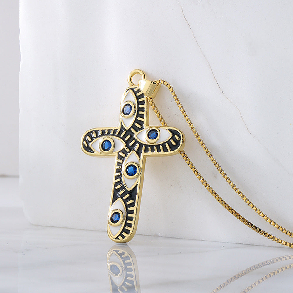 Geometric Pendant Necklace for Women with Copper Base Plated in 18K Gold and Enamel-Finished Zirconia Eye Detail