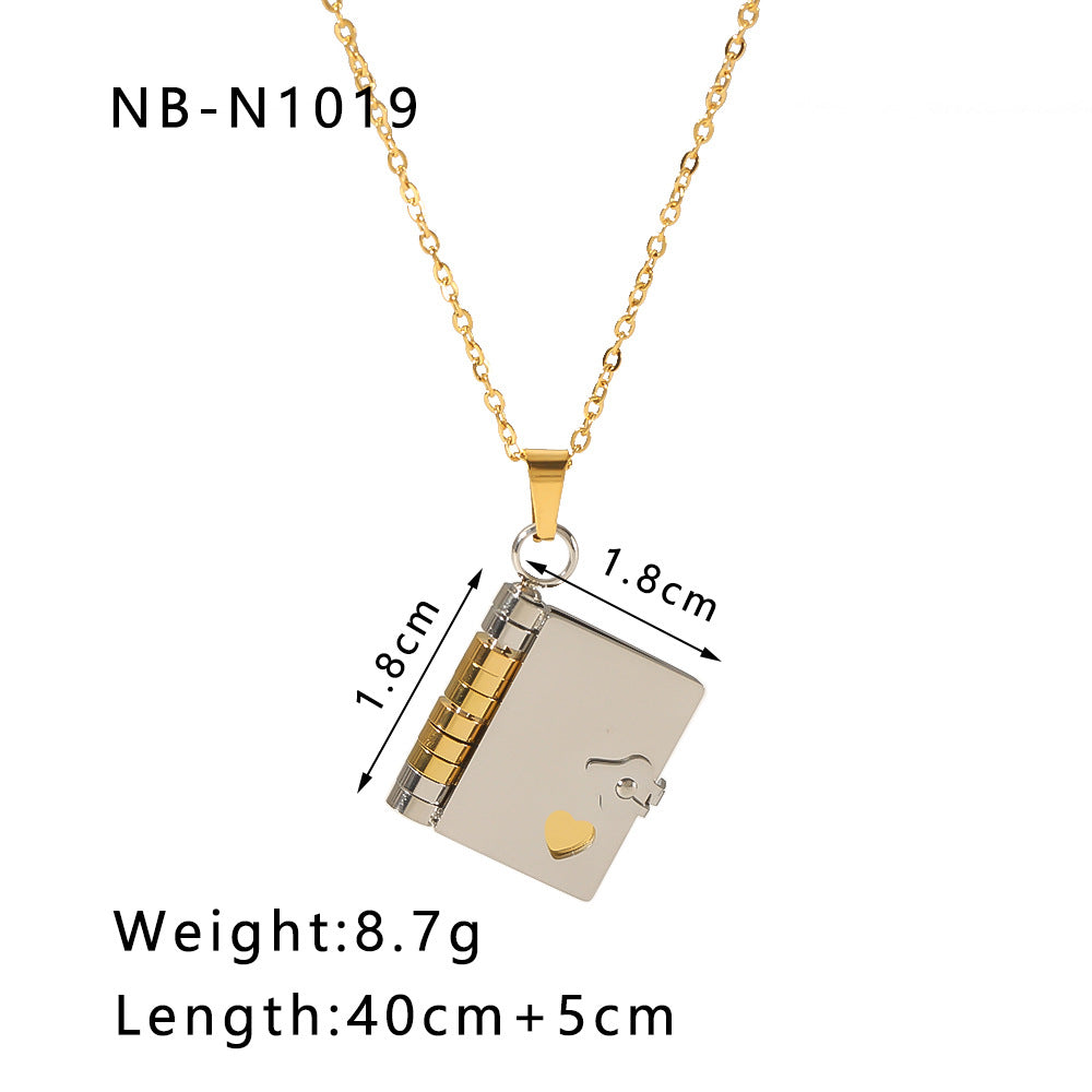 Collana minimalista a forma di libro da donna con catena in acciaio inossidabile e chiusura a cuore in acciaio al titanio placcato in oro 18 carati