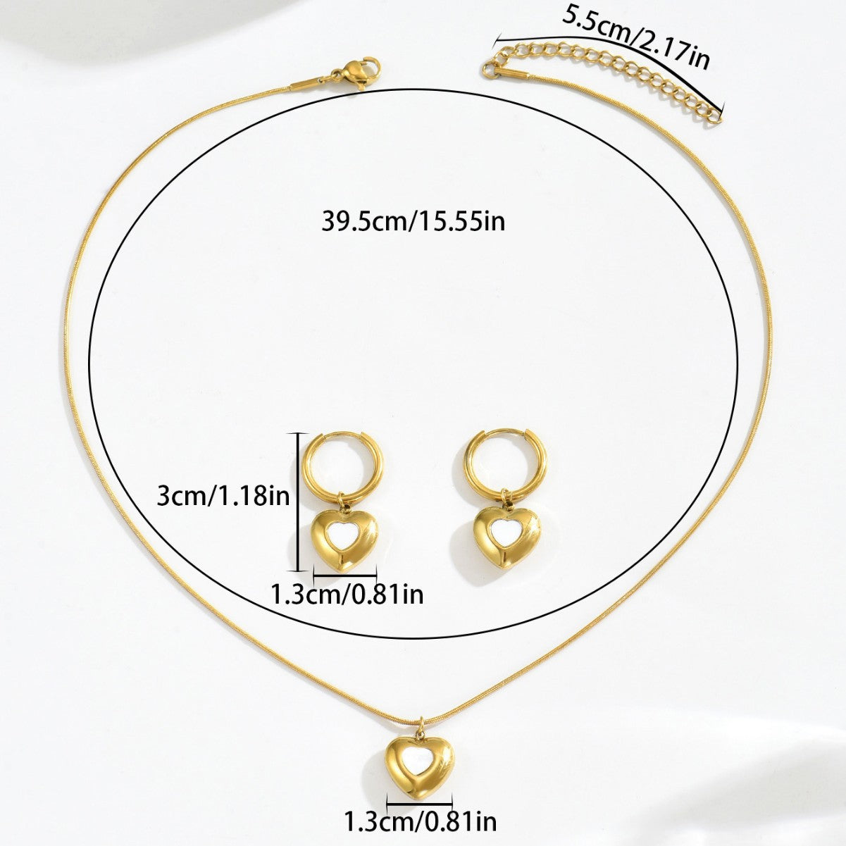 Collar colgante de cobre minimalista con forma de corazón y pendientes a juego bañados en oro de 18 quilates para mujer