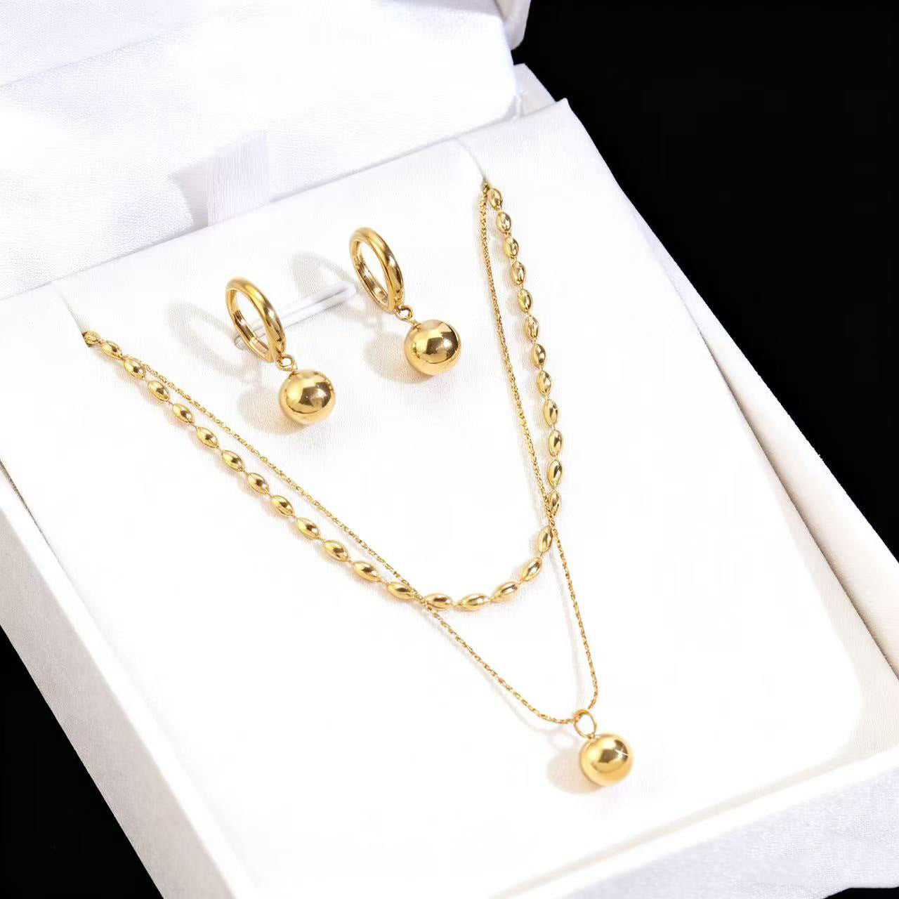 Minimalist Geometric 18K Gold Plated Stainless Steel Double Layer Ball Chain Necklace and Earring Set for Women