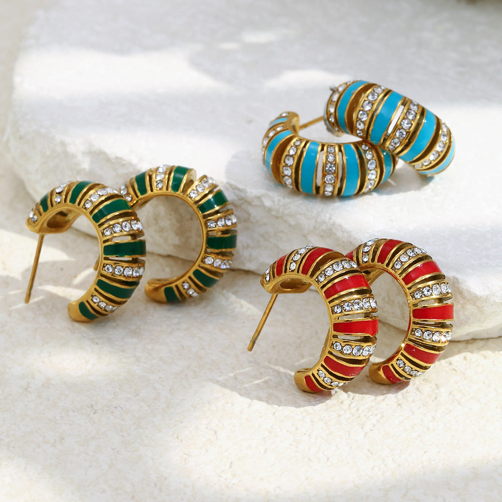 Minimalist Geometric Stainless Steel 18K Gold Plated Hollow C-Shaped Rhinestone Accent Enamel Drop Earrings for Women