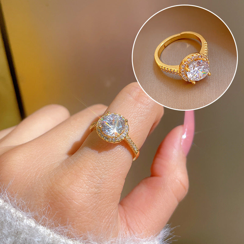 Minimalist Sweet Geometric Round Brass Plated Rhinestone Ring for Women and Men