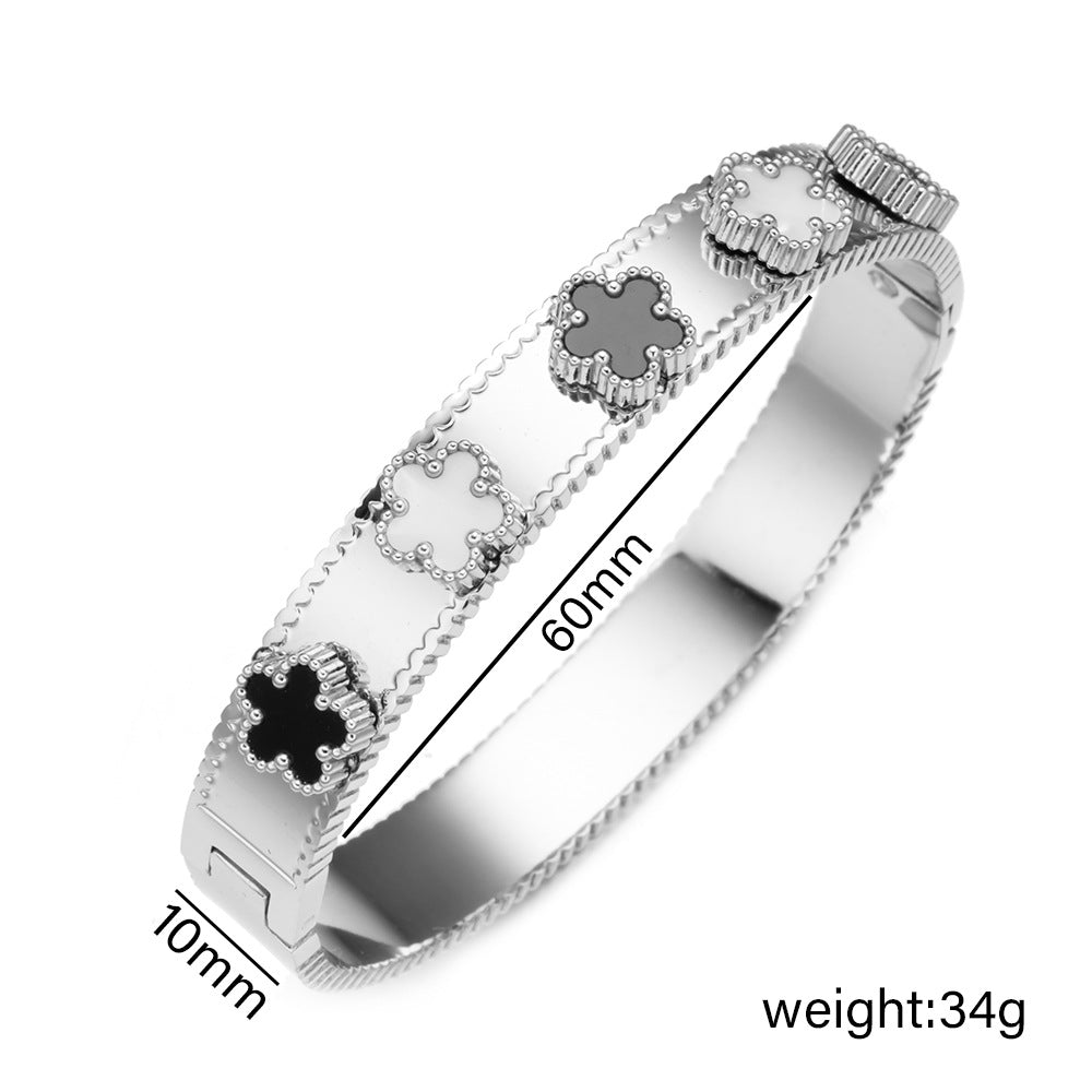 Pulsera de trébol de acero inoxidable de moda para mujer con incrustaciones de nácar, acabado galvanizado hipoalergénico, diseño ovalado geométrico