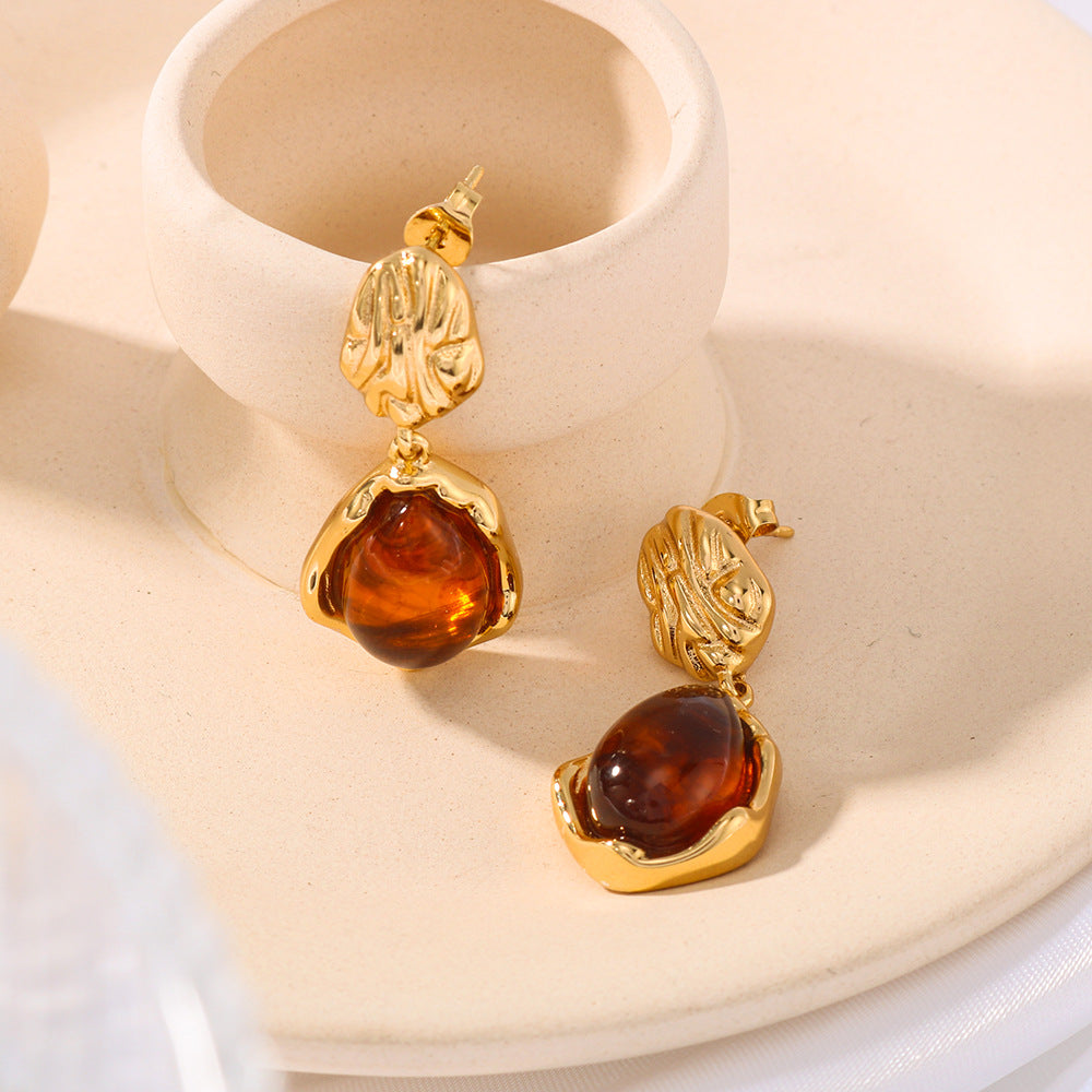 Minimalist Double-Hoop Resin Pendant Earrings with Stainless Steel Base and Vacuum Gold Plating