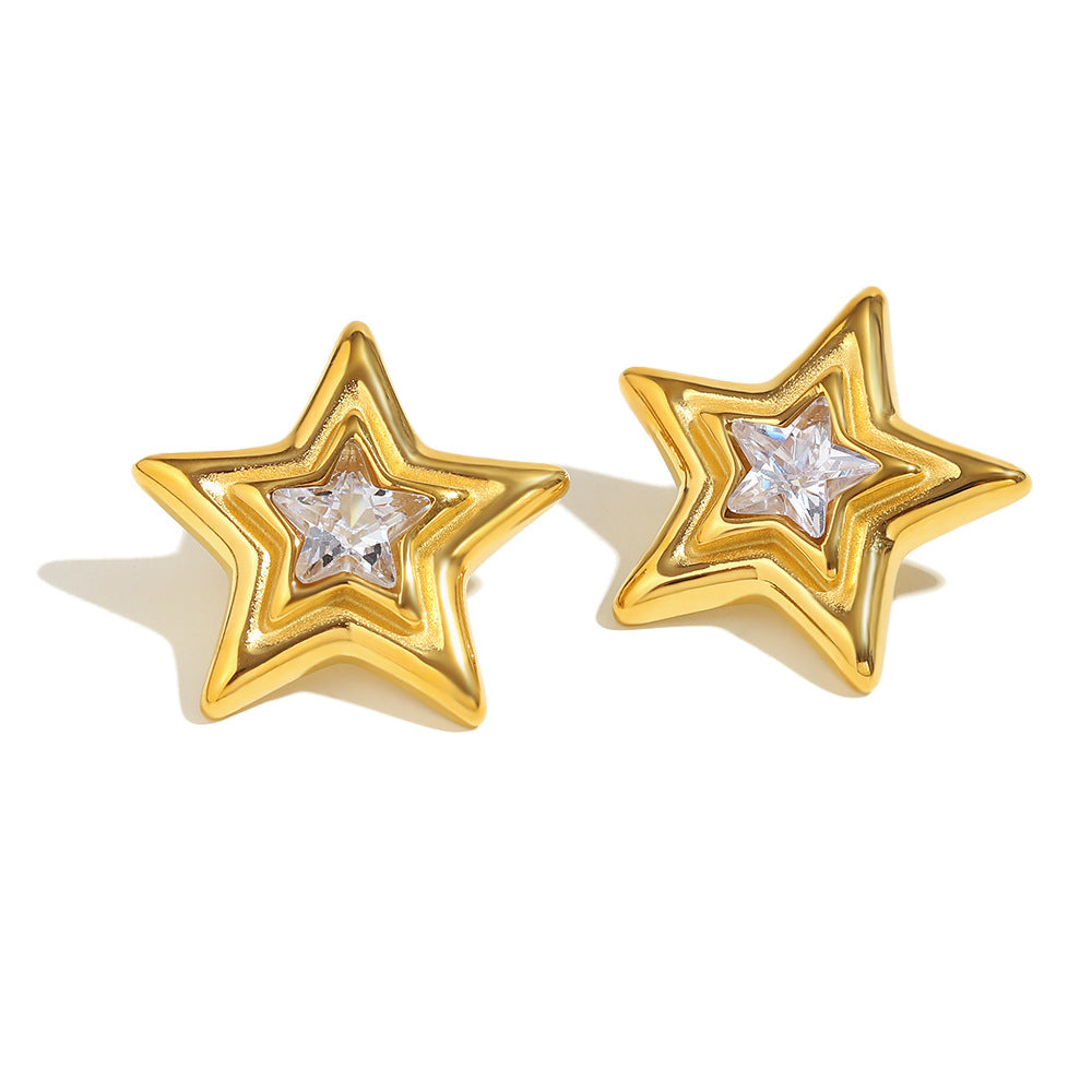 Minimalist Star-Shaped Stainless Steel Earrings with 18K Gold Plating and Cubic Zirconia Accents for Women