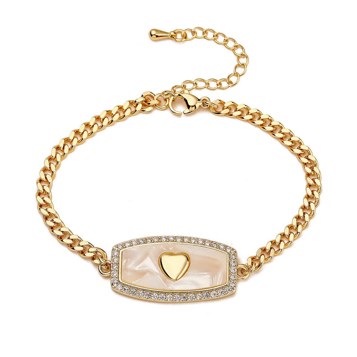 Vintage Luxury 18K Gold Plated Brass Heart Cubic Zirconia Bracelet for Women