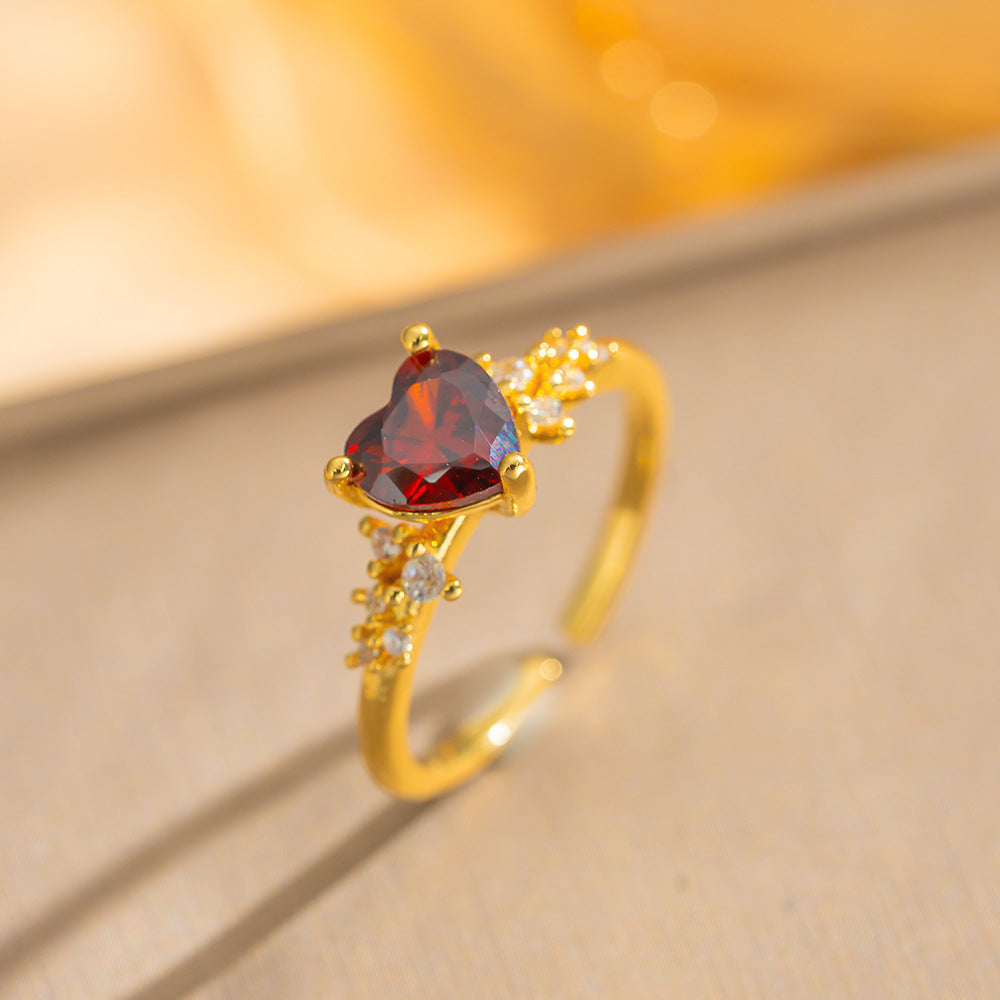 Luxury Minimalist Adjustable Open Ring for Women with Gold-Plated Copper Band and Zircon Stone Accent in Heart and Floral Shape
