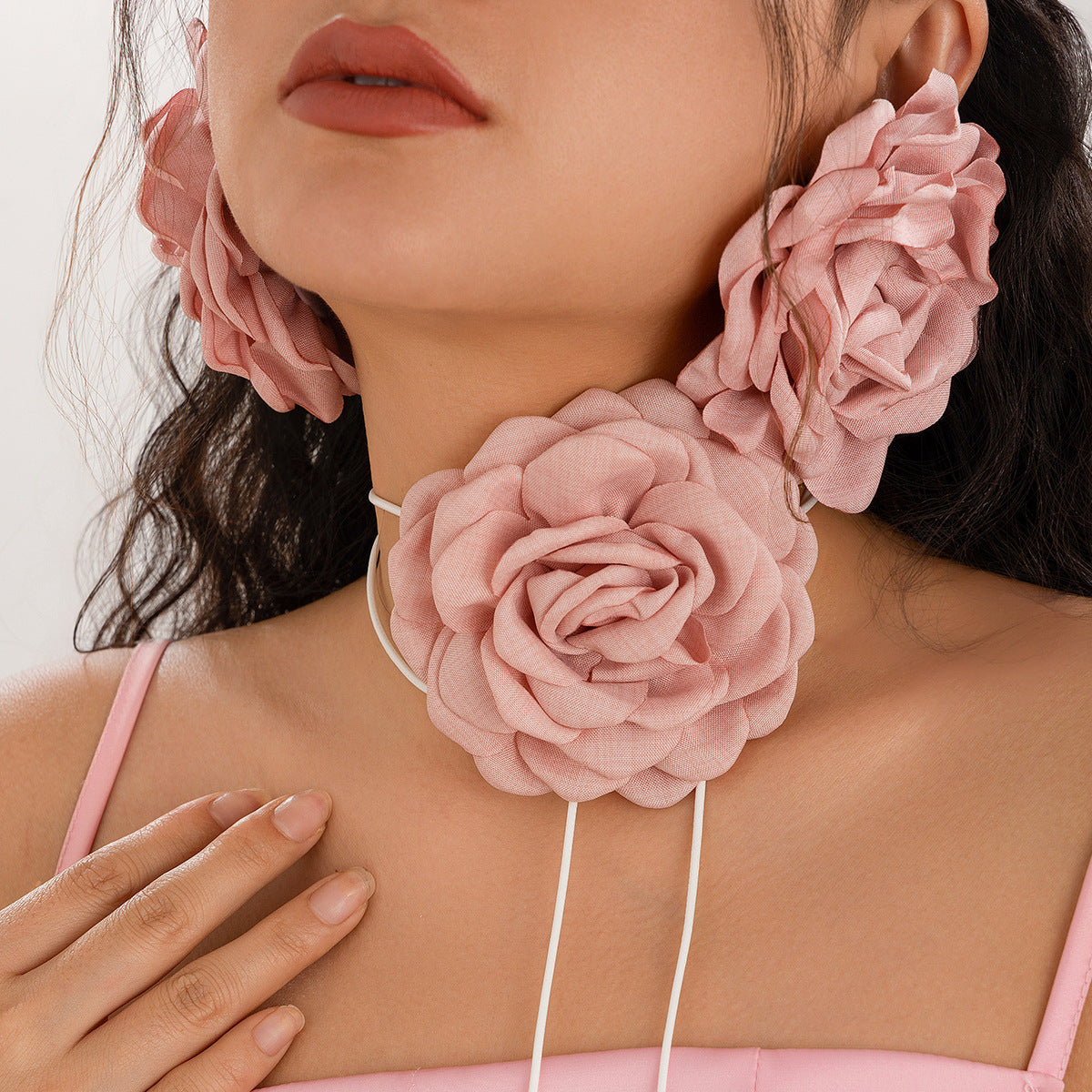 Vintage Floral Choker Necklace with 3D Rose and Camellia Fabric Flowers Handcrafted on Wax Cord