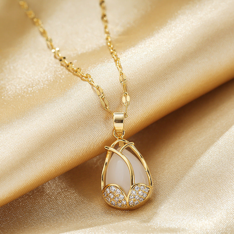 Collana da donna in acciaio al titanio a forma di tulipano con placcatura in oro e intarsio in pietra occhio di gatto, gioielli a collare con catena ondulata