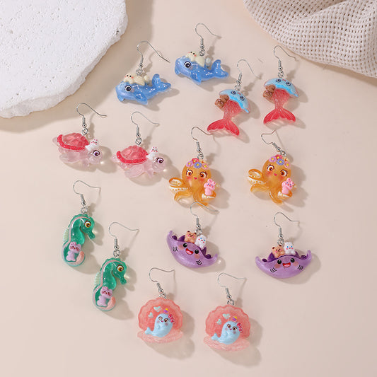Pendientes infantiles de delfín, tortuga y caballito de mar, con incrustaciones de perlas en resina plástica, para niñas de 3 a 10 años