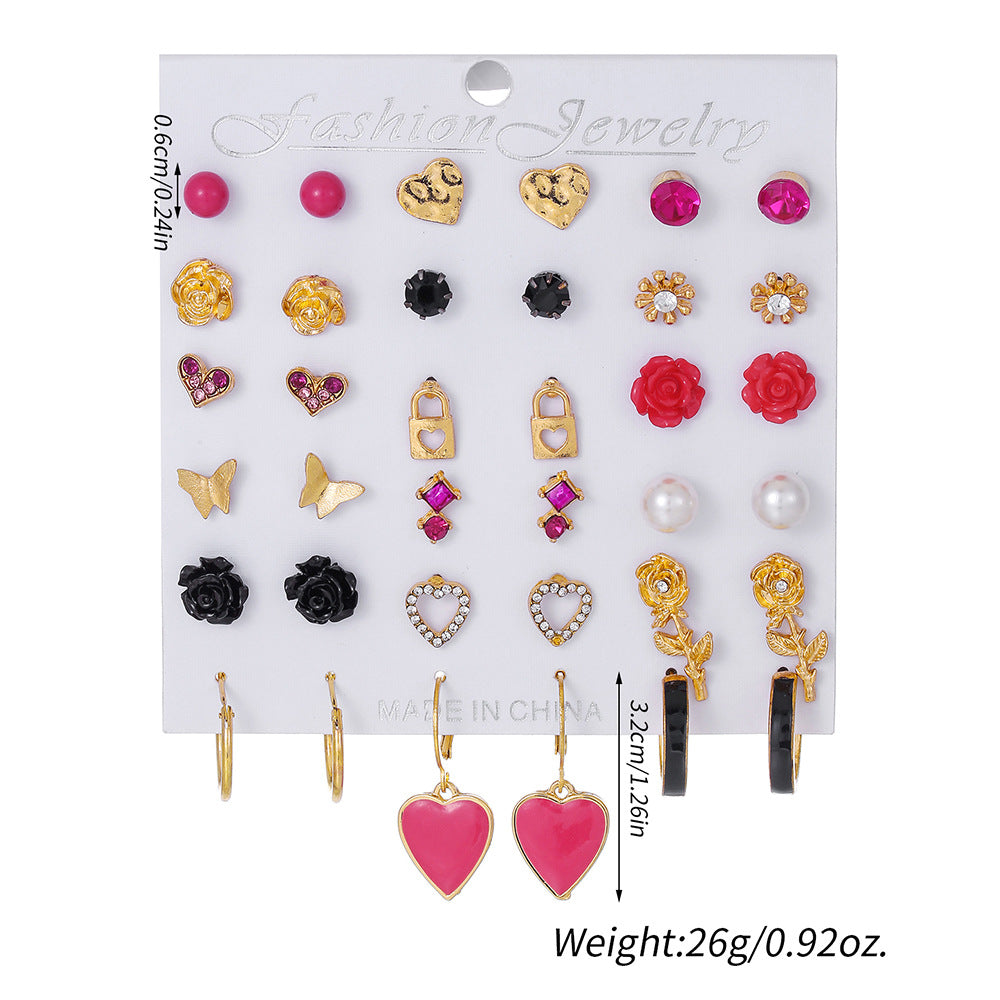 Geometric Butterfly Heart Rose Pearl Rhinestone Drip Oil Plated Alloy Earrings