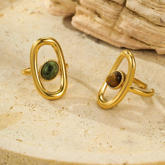 Elegant Minimalist Square Hollow-Out Stainless Steel Ring with Natural Stone Inlay for Women