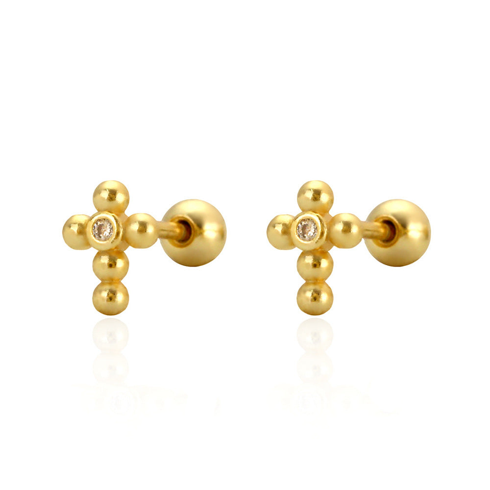 Sweet Punk 925 Sterling Silver Cross Plated Rhinestone Threaded Stud Earrings