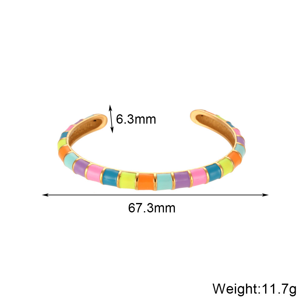 Minimalist Geometric Caterpillar-Shaped Stainless Steel Plated 18K Gold Enamel Open Bangle Bracelet for Women