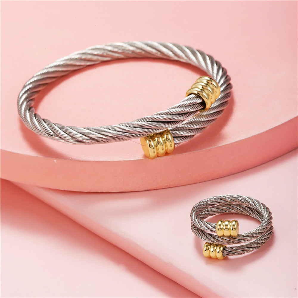 Geometric Round Titanium Steel Plated Micro-Inlaid Bracelet and Ring Set for Unisex