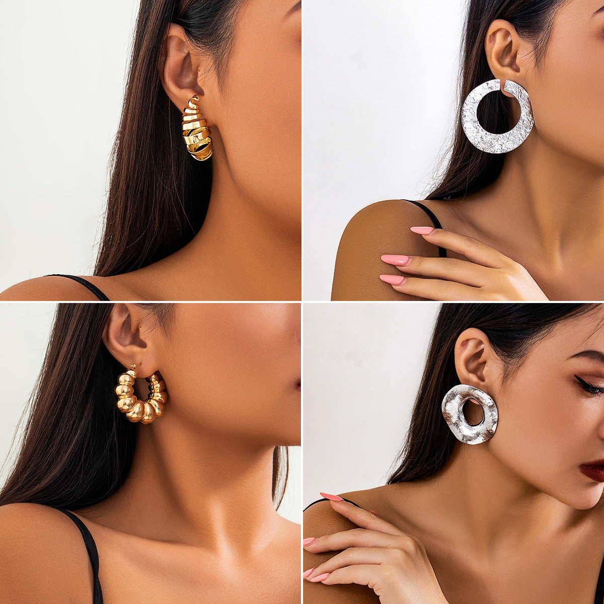 Pendientes de aro geométricos texturizados irregulares minimalistas de aleación para mujer con acabado galvanizado