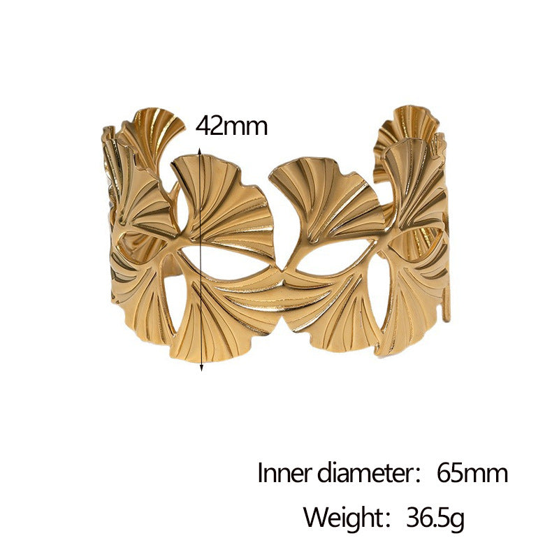 Bracciale Minimalista con Foglia di Ginkgo in Acciaio Inossidabile, Regolabile, Placcato Oro 18K, da Donna