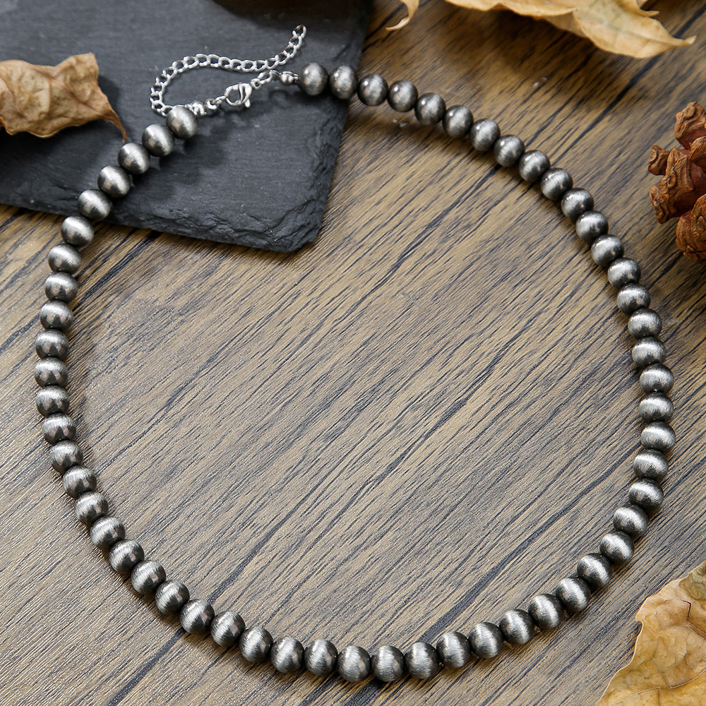 Vintage Western Geometric Brushed Stainless Steel Beaded Necklace with Imitation Pearl and Black Flash Beads