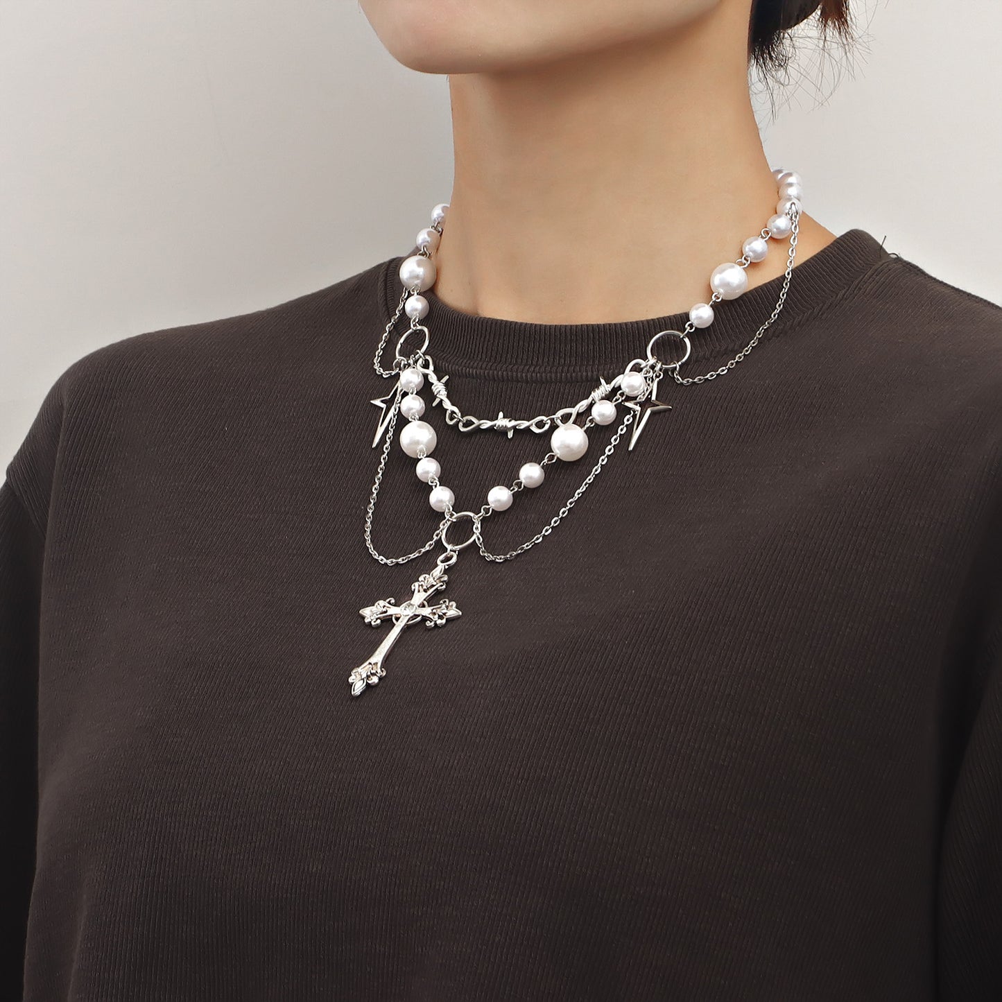 Minimalist Geometric Cross Pendant Necklace for Women with Alloy Chain and Rhodium Plating