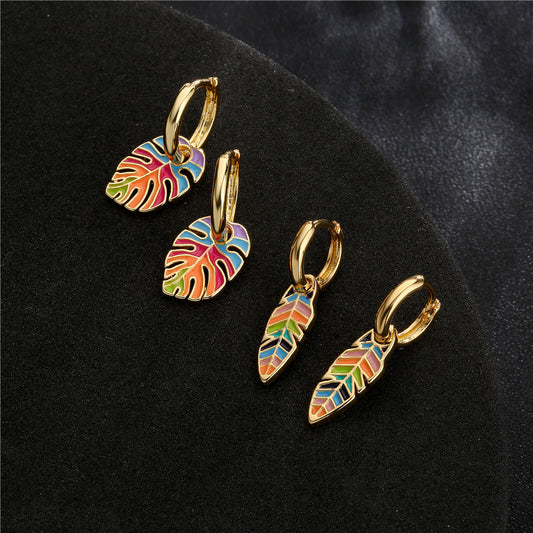 Vintage Colorful Leaf Drip Oil Brass Gold Plated Earrings