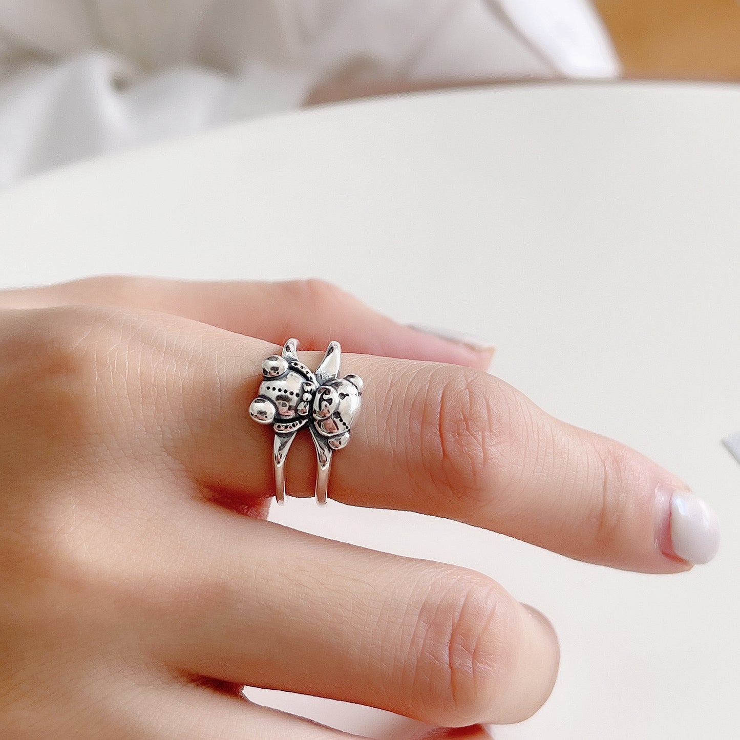 Minimalist Bear-Shaped 925 Sterling Silver Ring for Women with Inlay Craftsmanship
