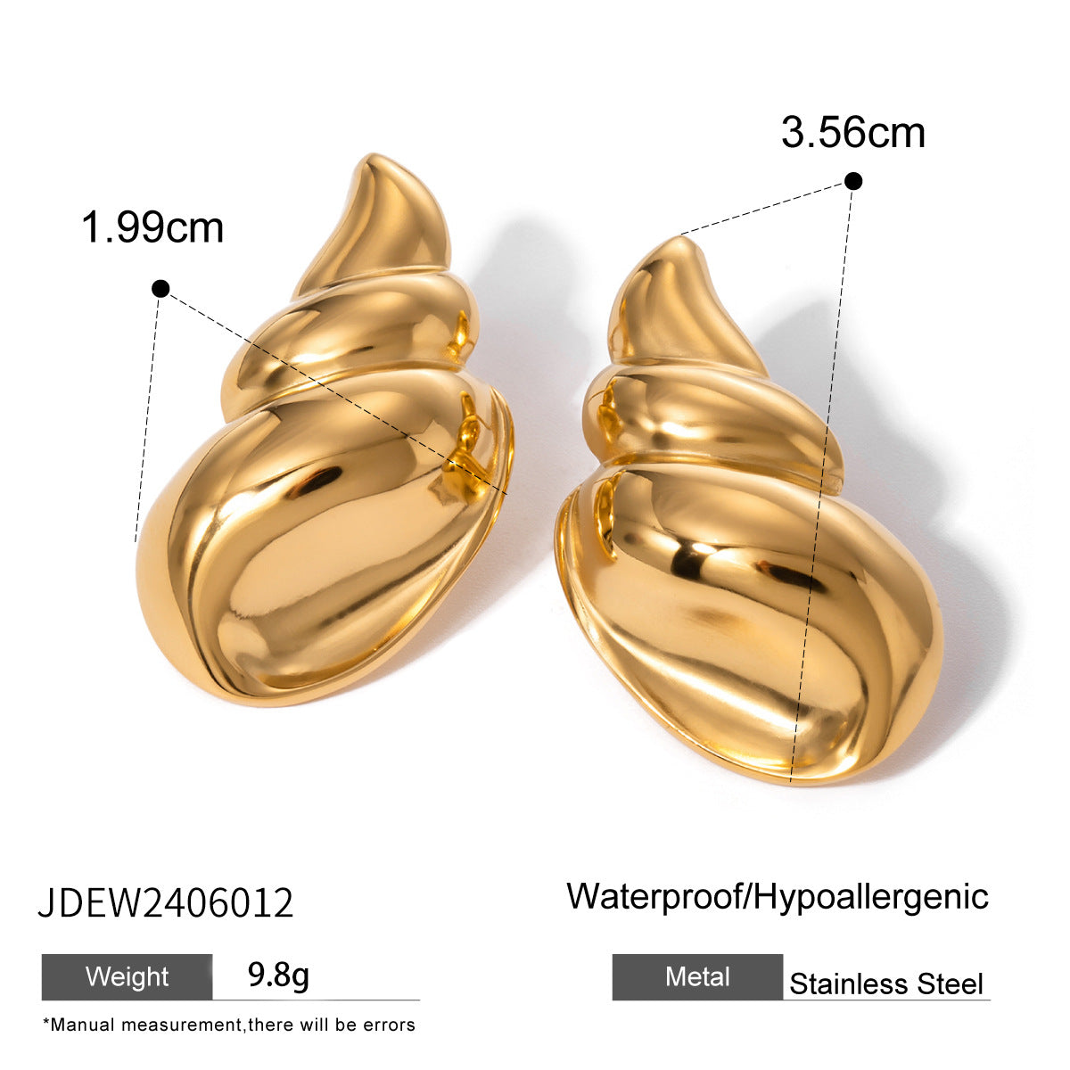 Luxury 18K Gold Plated Polished Conch Stainless Steel Earrings Asymmetric Design Unisex