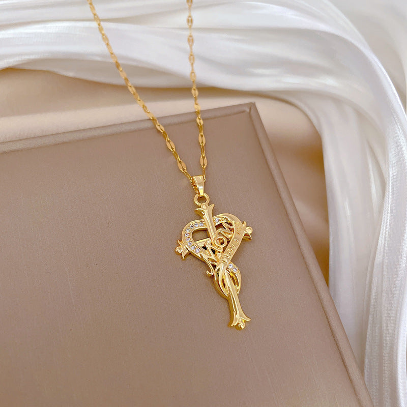 Minimalist Heart Cross Pendant Necklace in Stainless Steel with Rhinestone Inlay for Women and Men