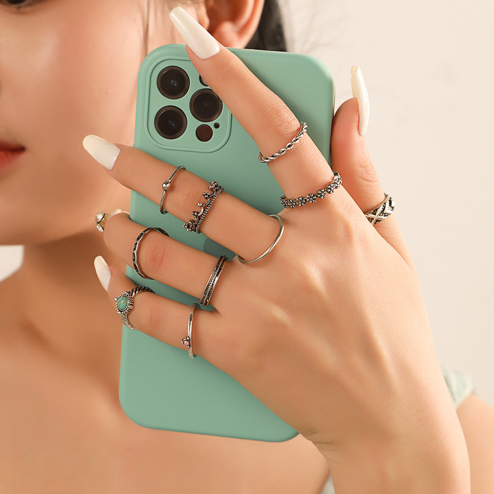 Vintage Geometric Hollow Turquoise Inlay Alloy Ring Set