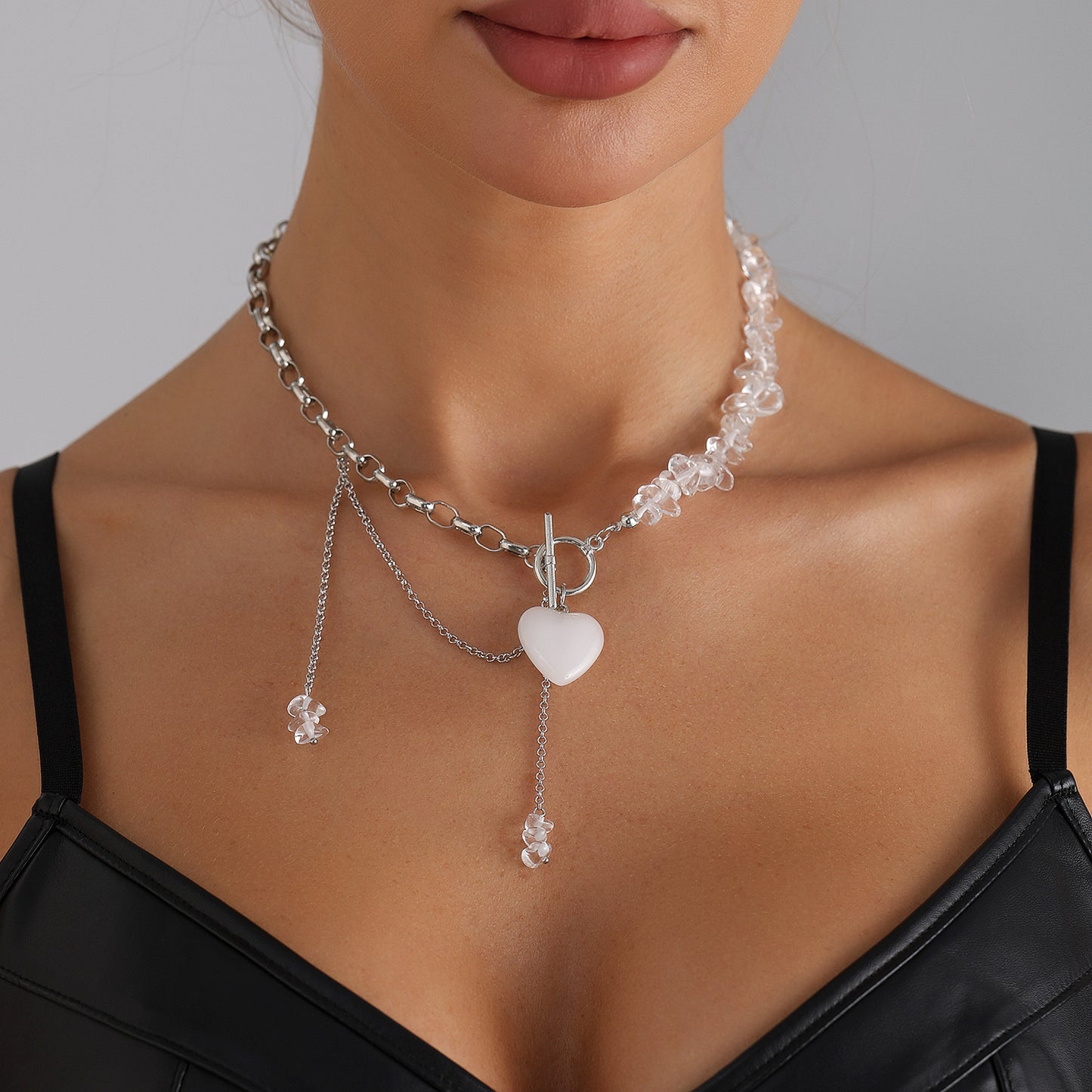 Casual Heart Geometric Alloy Plated Necklace with Irregular Transparent Stone Beads and OT Bar Clasp for Women
