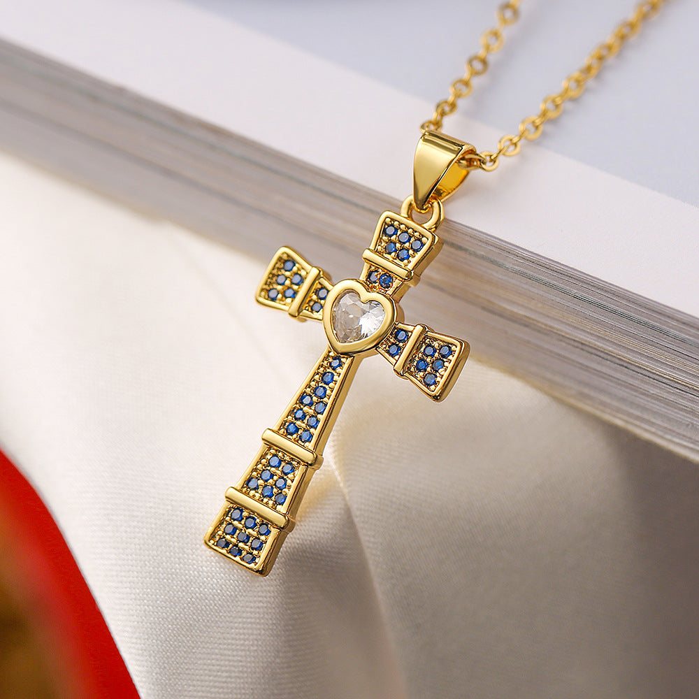 Geometric Cross Pendant Necklace for Women Made of Copper with 18K Gold Plating and Zircon Inlay