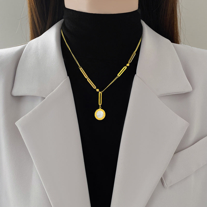 Minimalist Titanium Steel Double-Sided Roman Chain Necklace with Geometric Square Beads for Women and Men