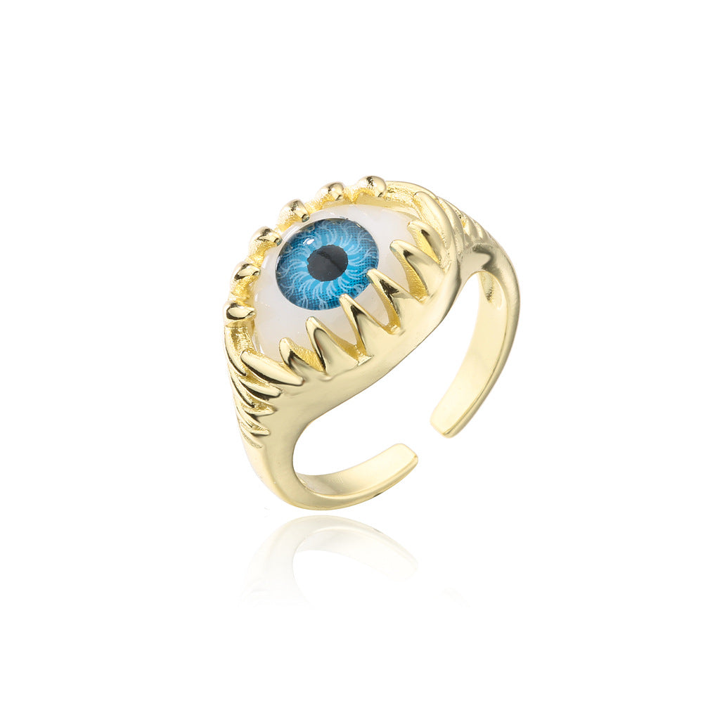 Geometric Micro-Inlay Gold Plated Brass Evil Eye Ring for Women