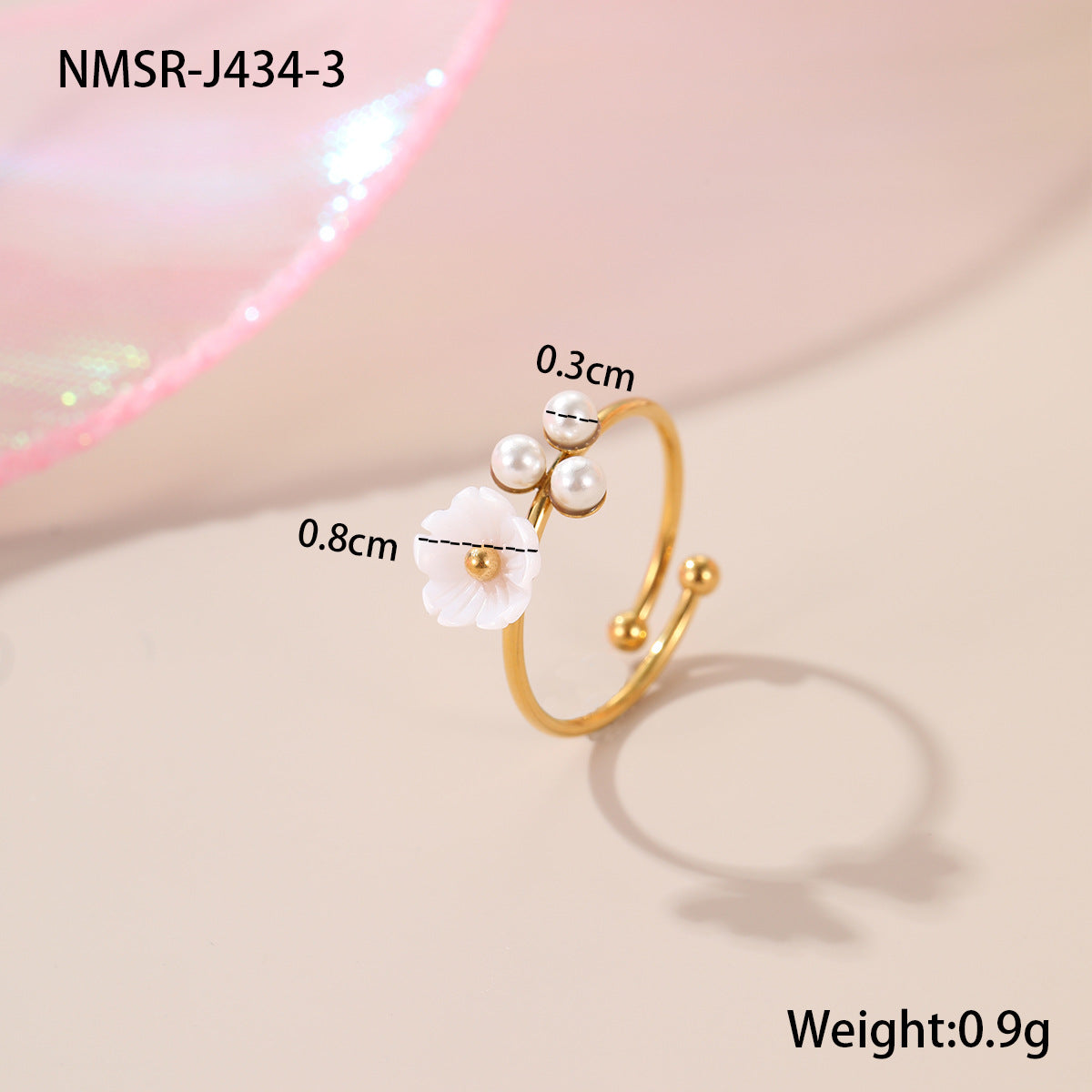 Elegante anello aperto da donna in acciaio inossidabile con perle e motivo floreale, placcato in oro 18 carati
