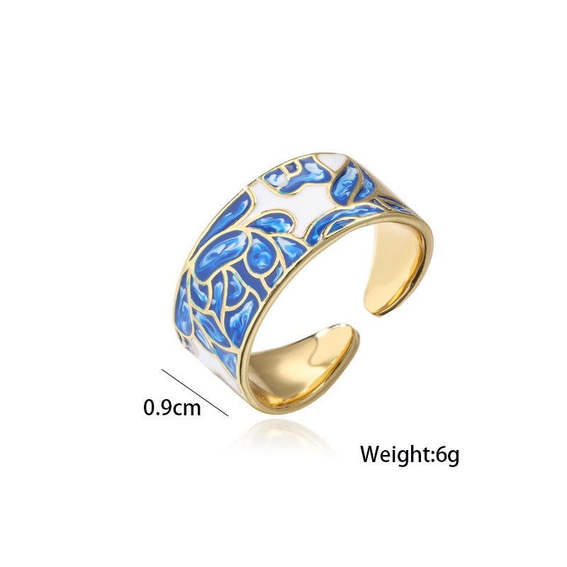 Minimalist Geometric Enamel Ring for Women Adjustable Copper Band with Blue-and-White Porcelain-Inspired Design