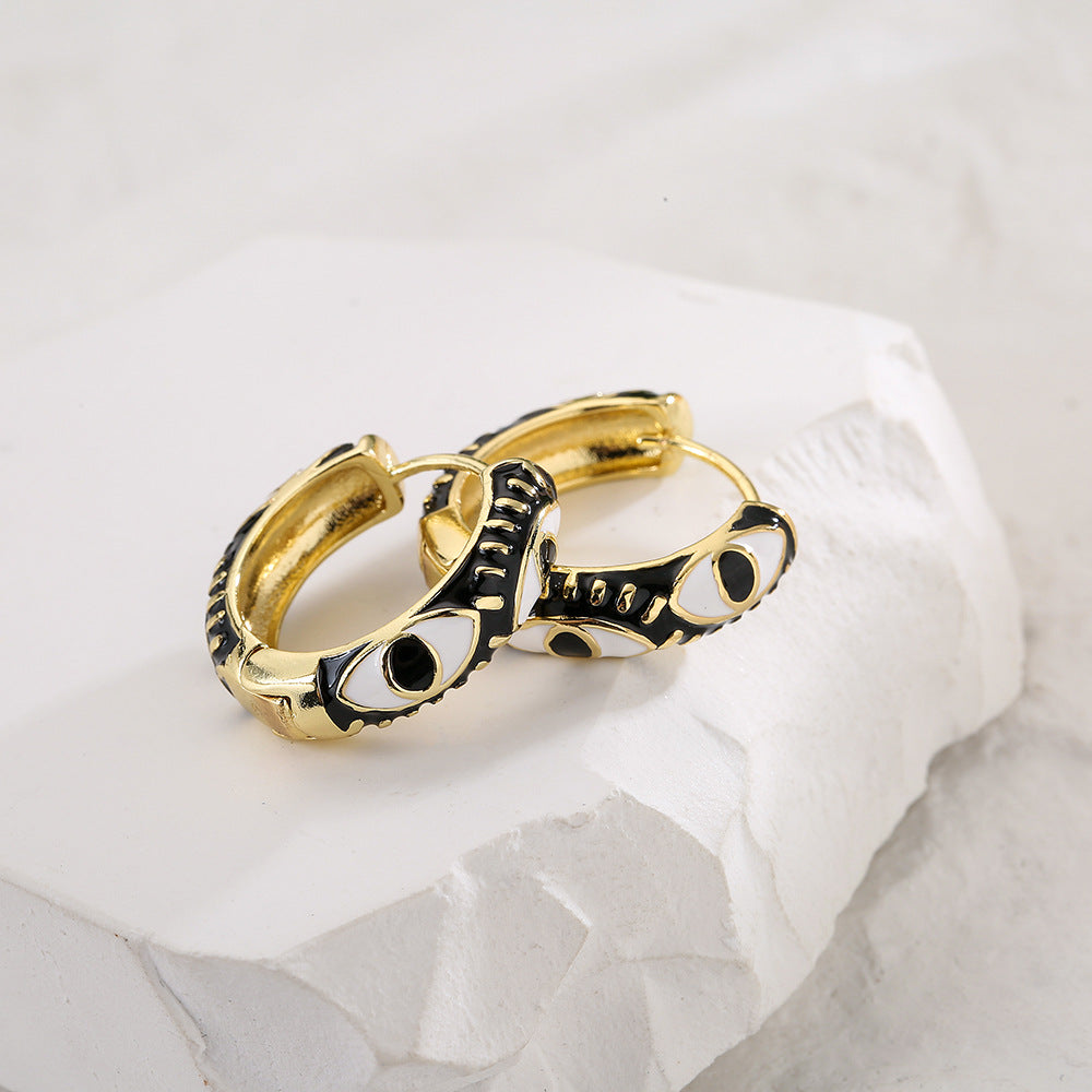 Bohemian Style Geometric Copper Hoop Earrings with 18K Gold Plating and Enamel Eye Detail for Women