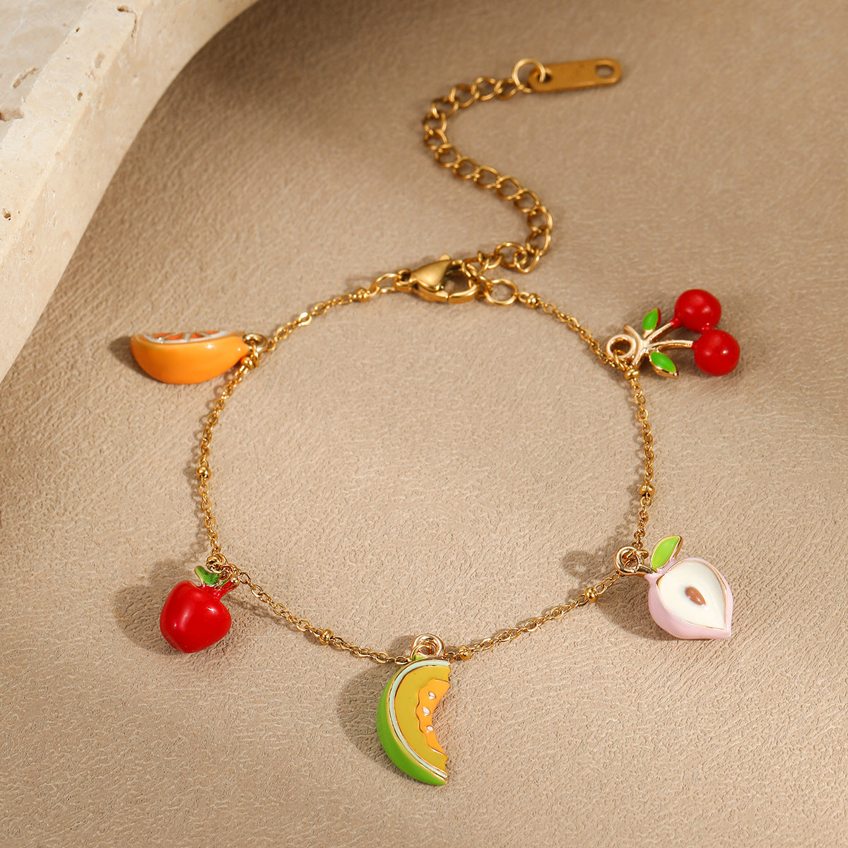 Fashionable OL Style Geometric Stainless Steel Bracelet with Cherry and Apple Fruit Motifs, Electroplated for Fade-Resistant Wear