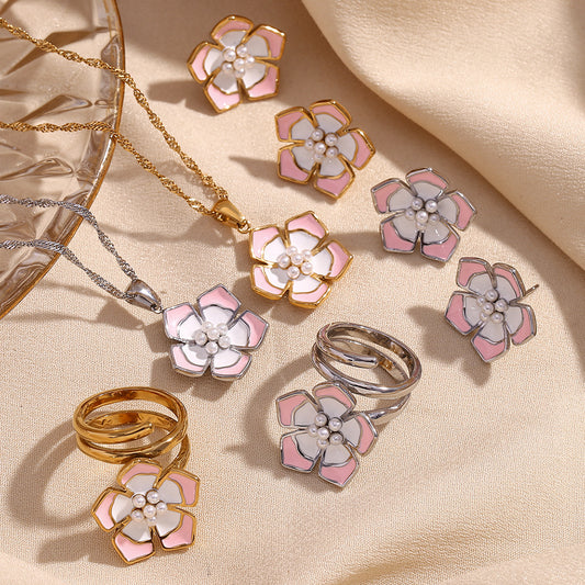 Collar Pendiente Floral de Moda para Mujer de Acero Inoxidable con Baño de Oro de 18K y Detalles de Esmalte