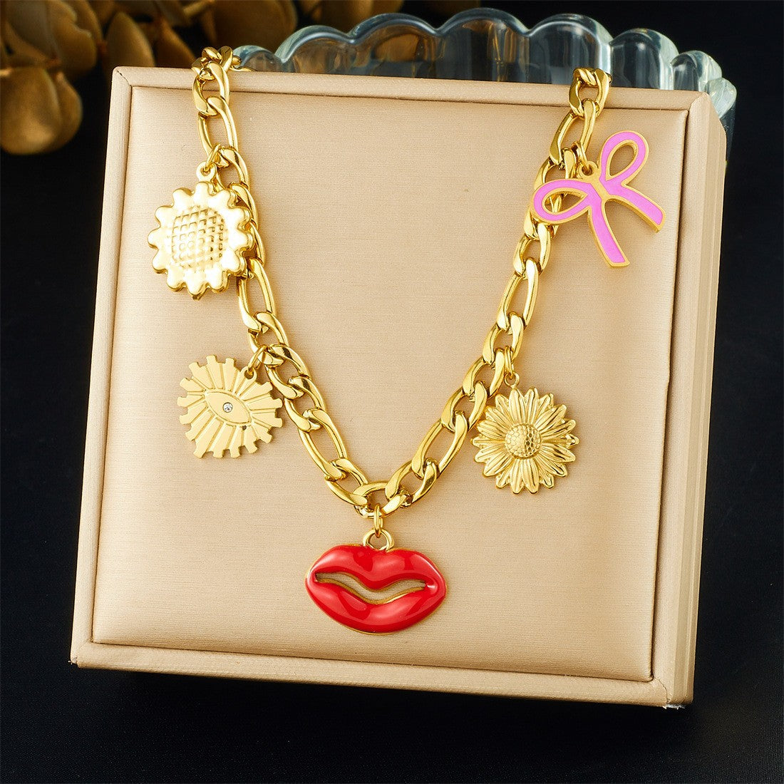 Sweet Gold Plated Heart Floral Hollow Stainless Steel Pendant Necklace Curb Chain